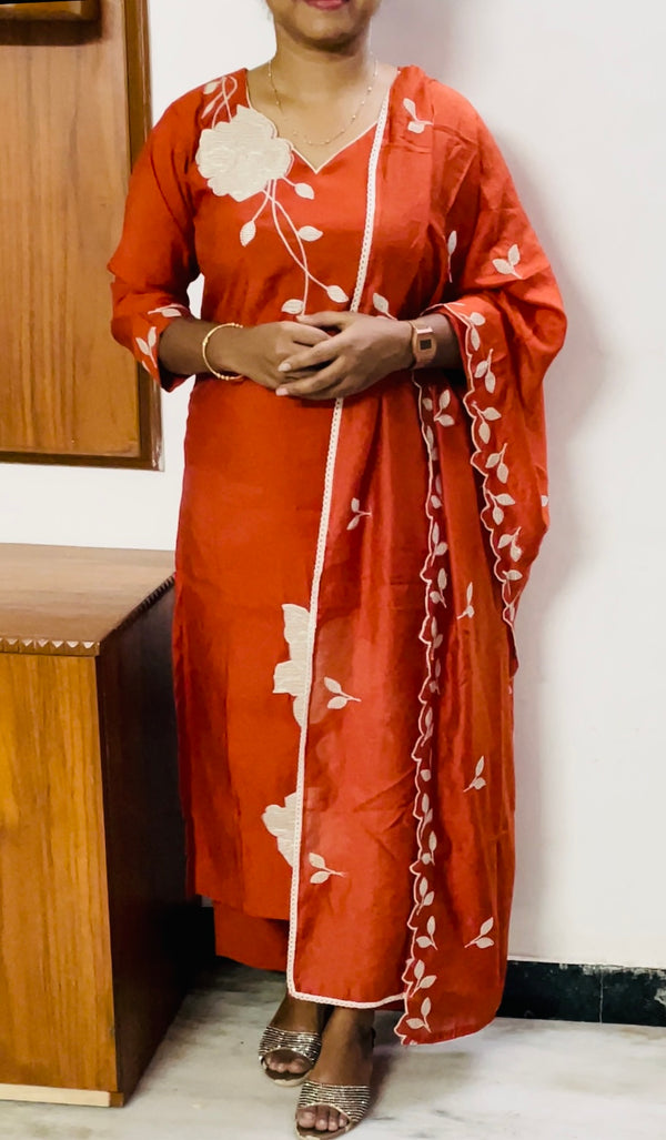 KS043 Roman Silk Rust color Embroidered Kurti Set (3pc)