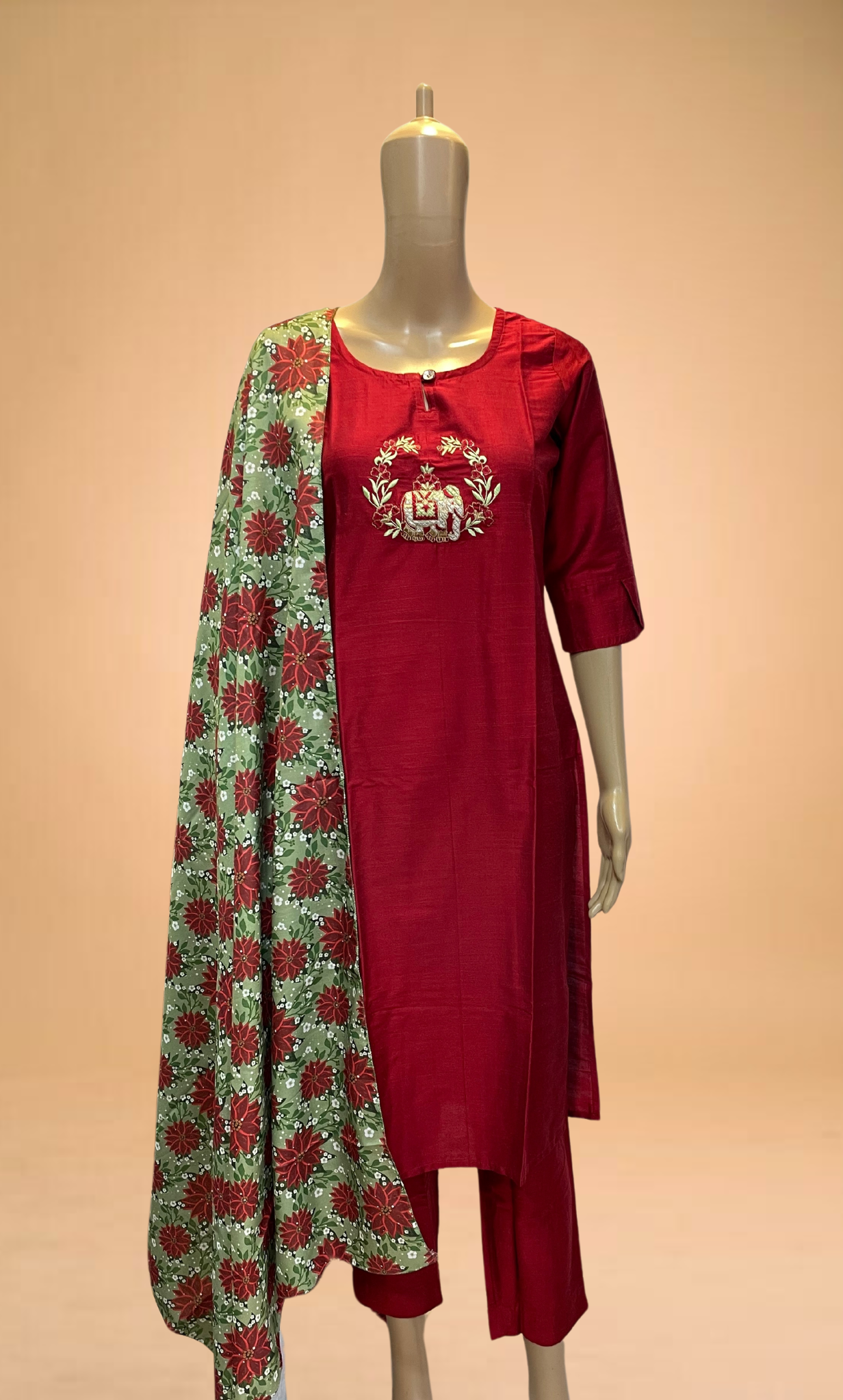 KS038 Embroidered Red Slub Silk Kurti set (3pc)