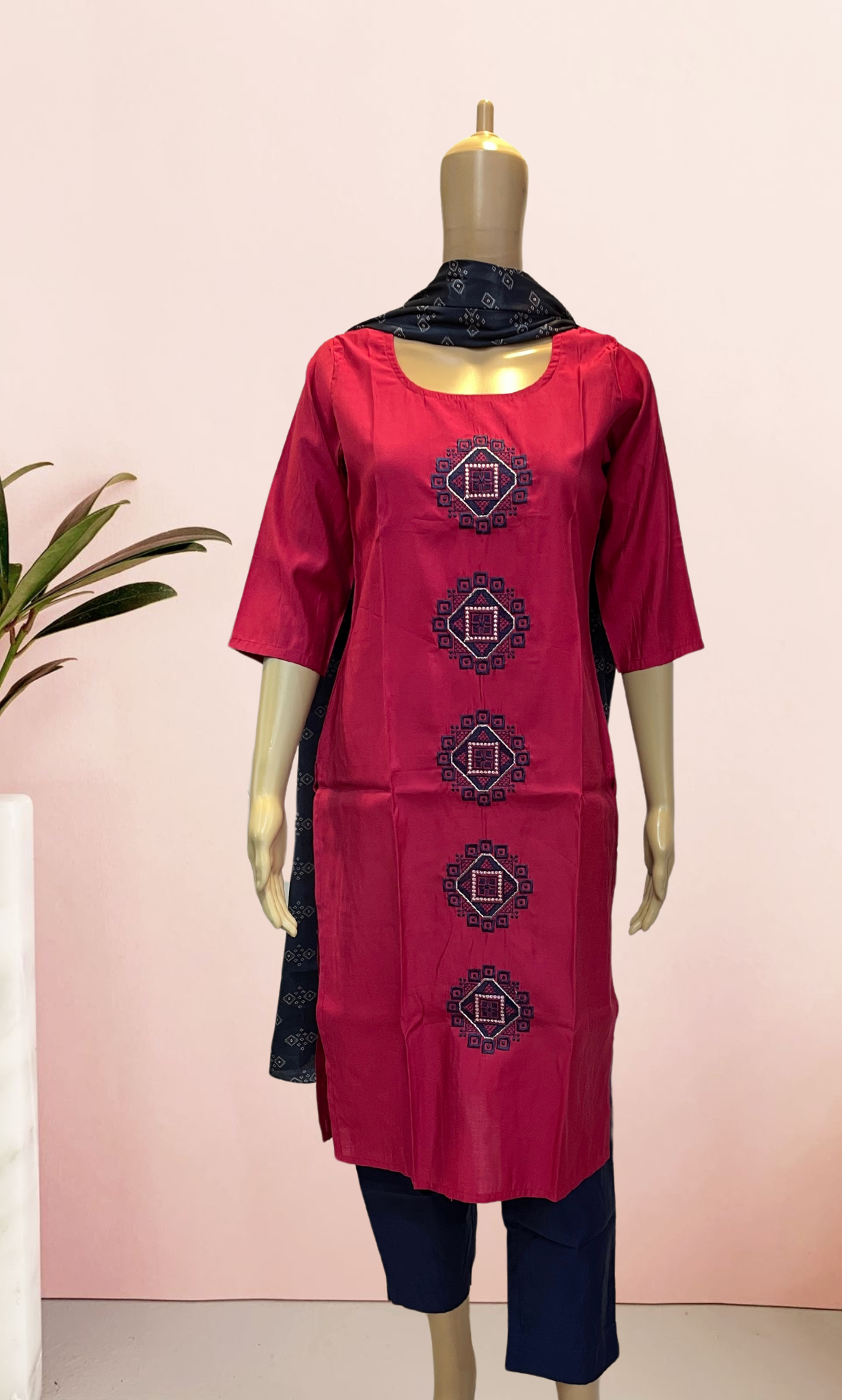 KS001 Embroidered Dark Pink Roman Silk Set (2 Pc)