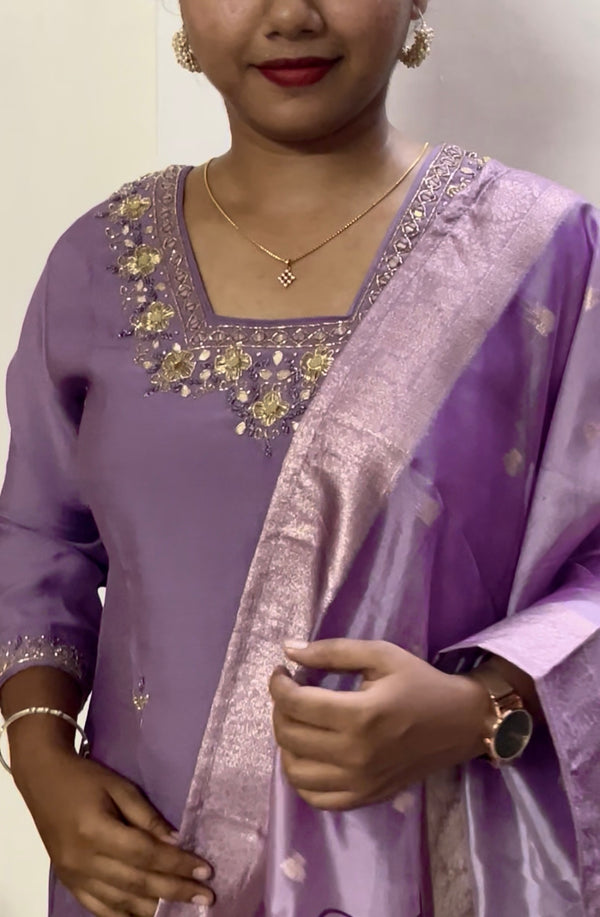 KS044 Roman Silk Lavendar color Mirror Embroidered Kurti Set (3pc)