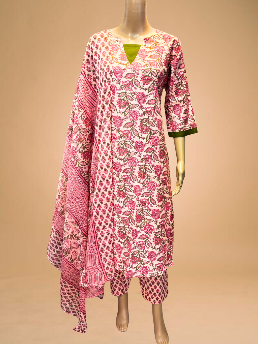 KS042 Pure Cotton Floral pink Color Kurti set (3PC)