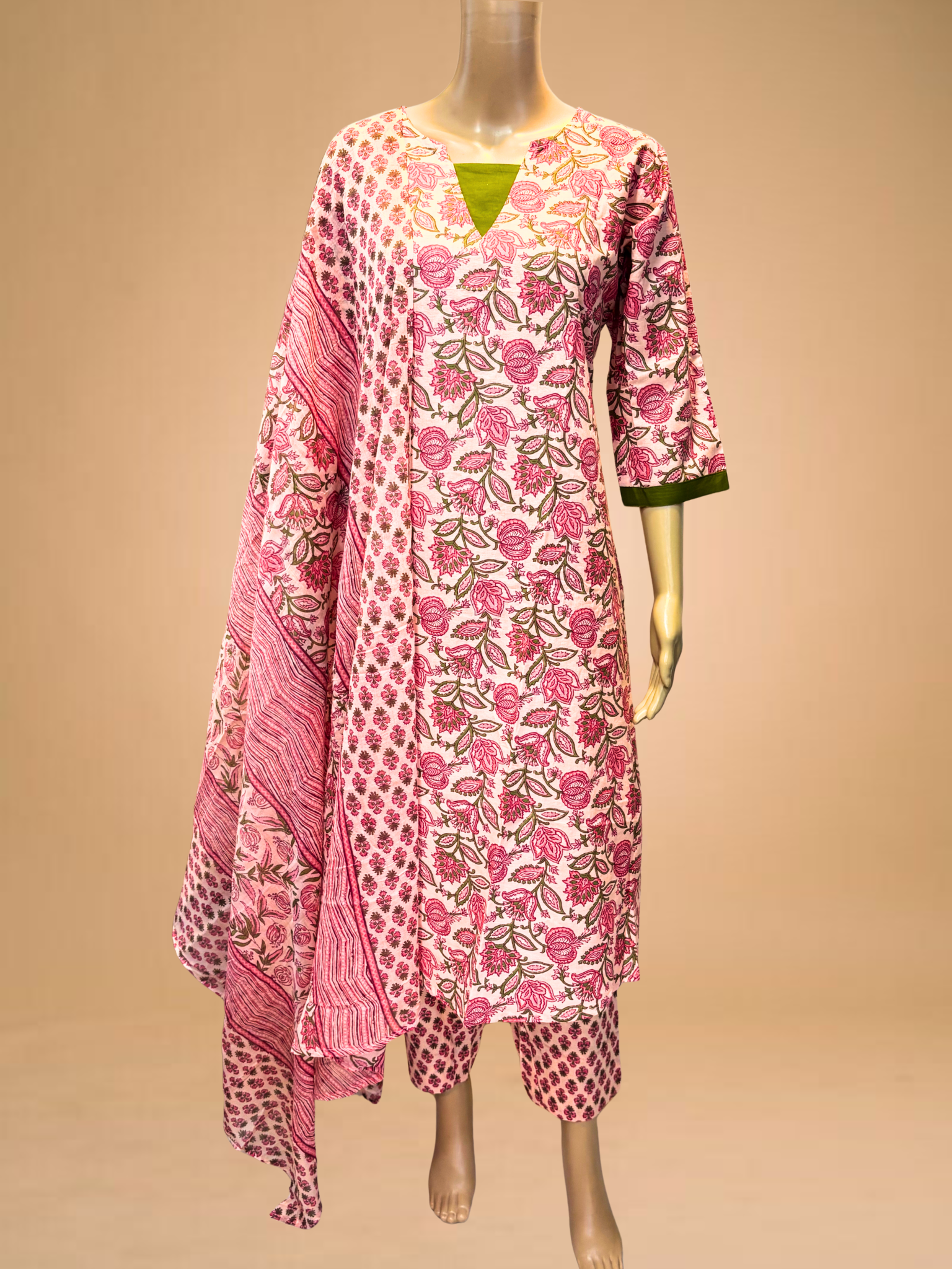 KS042 Pure Cotton Floral pink Color Kurti set (3PC)