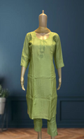 KS013 Emroidered Pista Green Pure Muslin Silk Kurti Set (3pc)