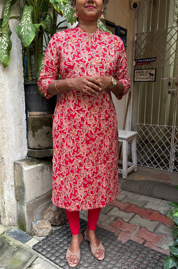 KC0010 Pure Cotton Kalamkari red Color Kurti