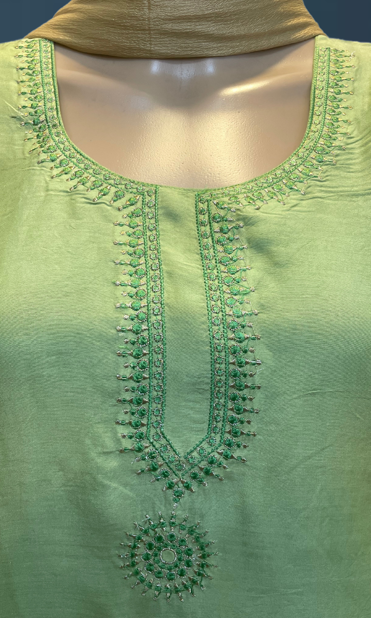 KS013 Emroidered Pista Green Pure Muslin Silk Kurti Set (3pc)