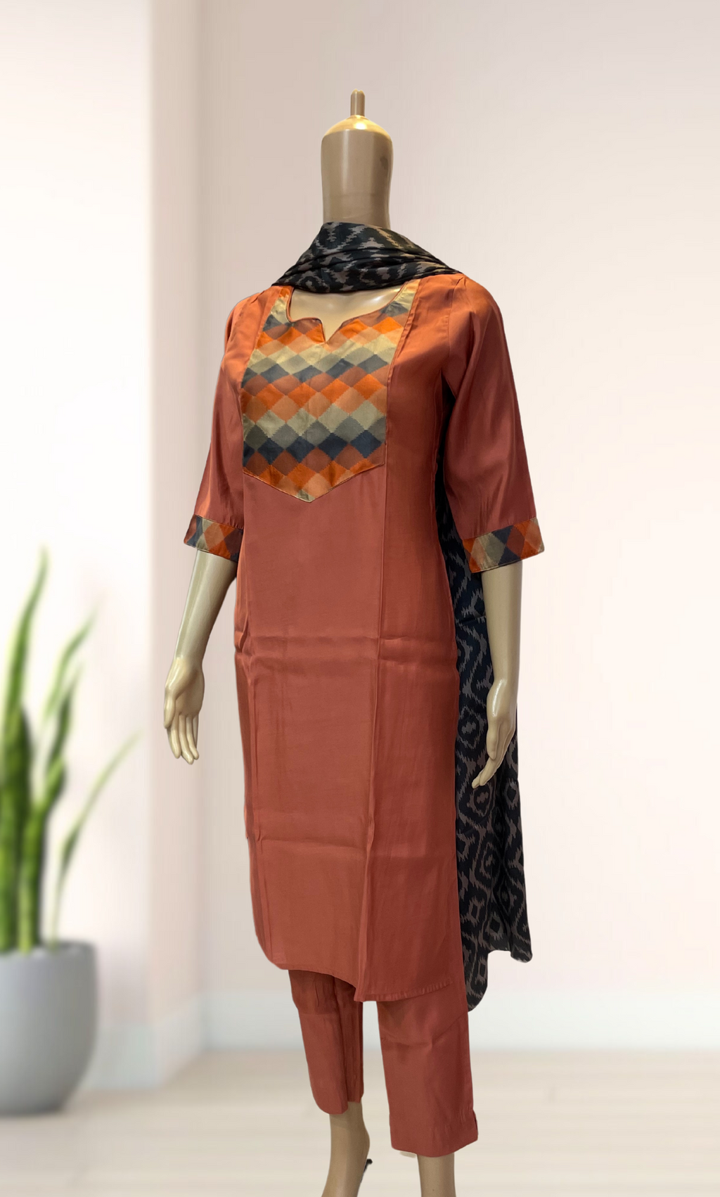 KS033 Dark Peach Roman Silk Kurti Set (3pc)