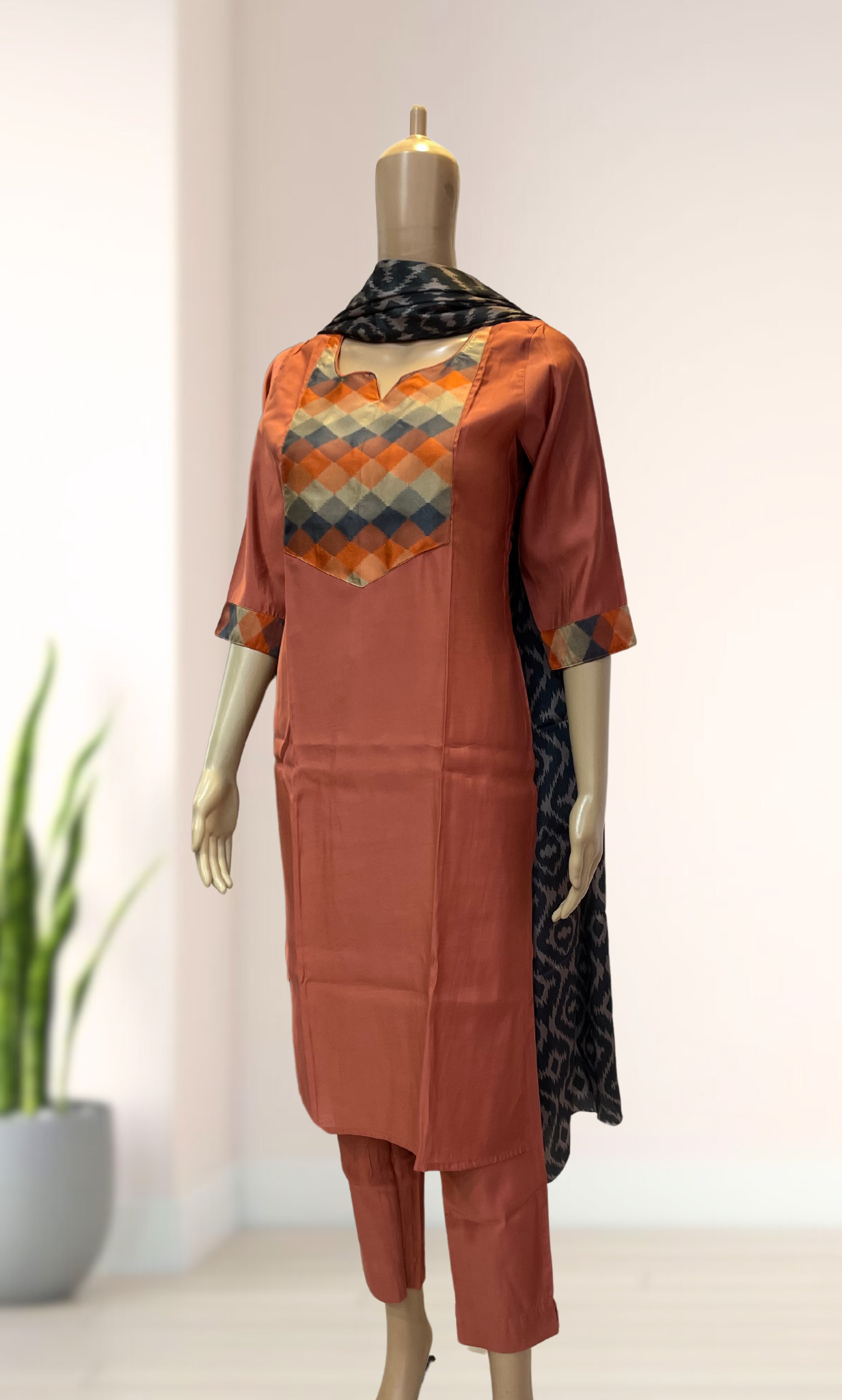 KS033 Dark Peach Roman Silk Kurti Set (3pc)