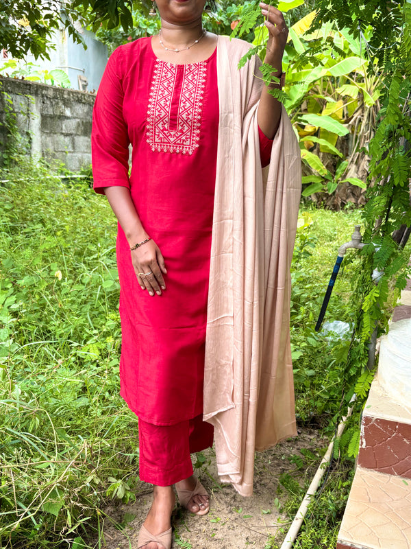 KS045 Premium Viscose Muslin Embroidered Red Kurti Set (3pc)