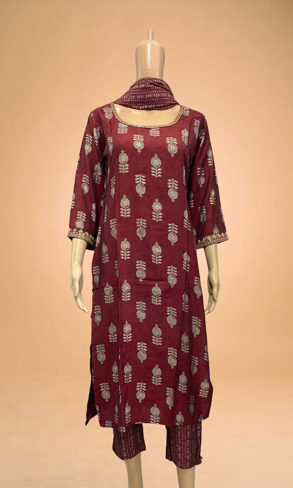 KS025 Embroidered Maroon Muslin Kurti Set (3pc)