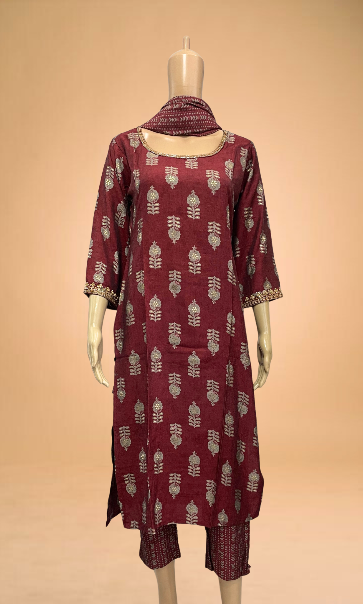 KS025 Embroidered Maroon Muslin Kurti Set (3pc)