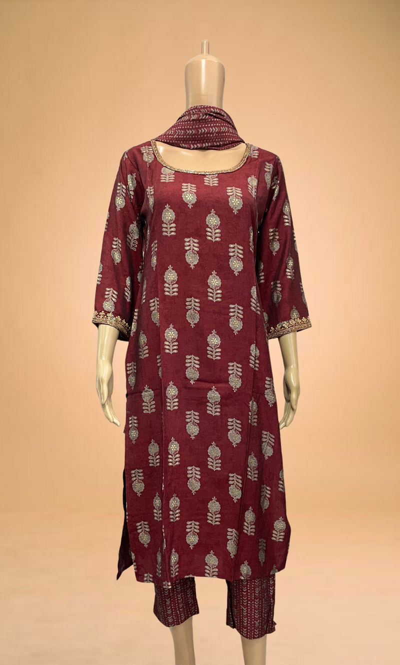 Embroidered Maroon Muslin Kurti Set (3pc)