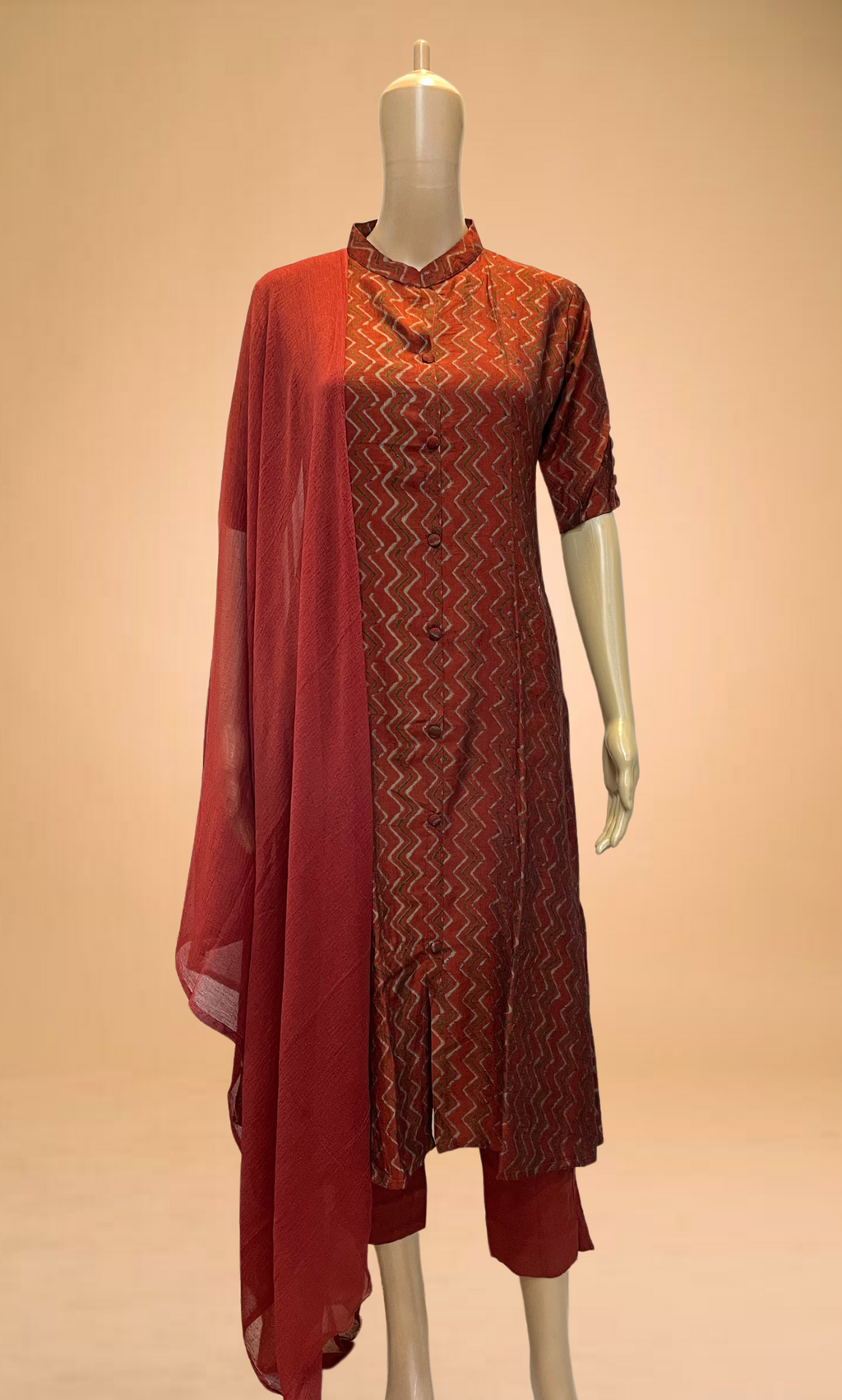 KS017 Brick Orange A-Line Muslin Kurti Set (3pc)