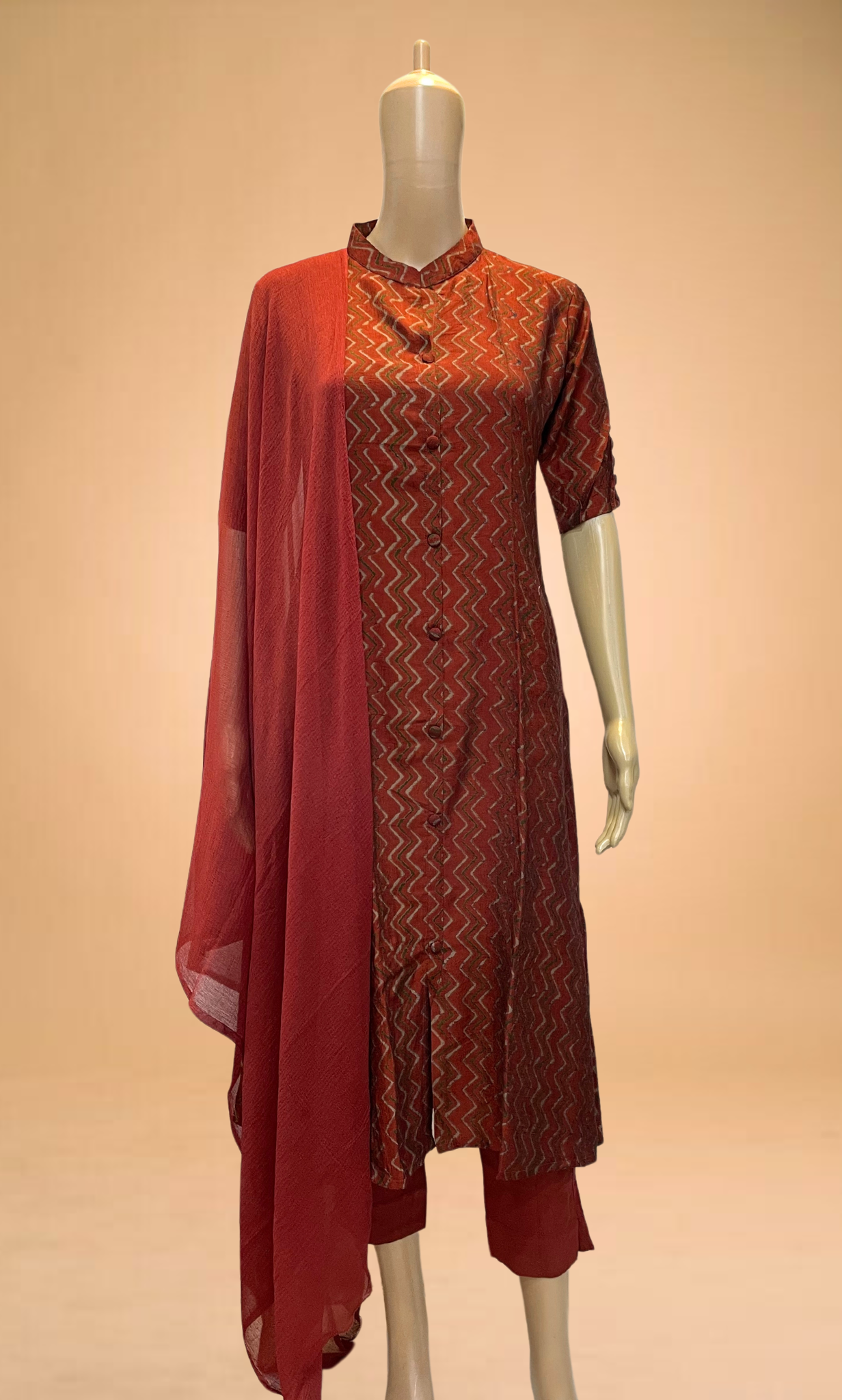 KS017 Brick Orange A-Line Muslin Kurti Set (3pc)