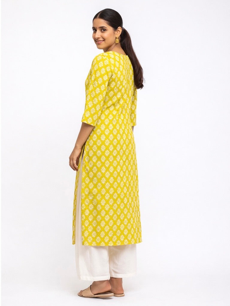 KC0043 Pure Cotton yellow with white motifs kurti