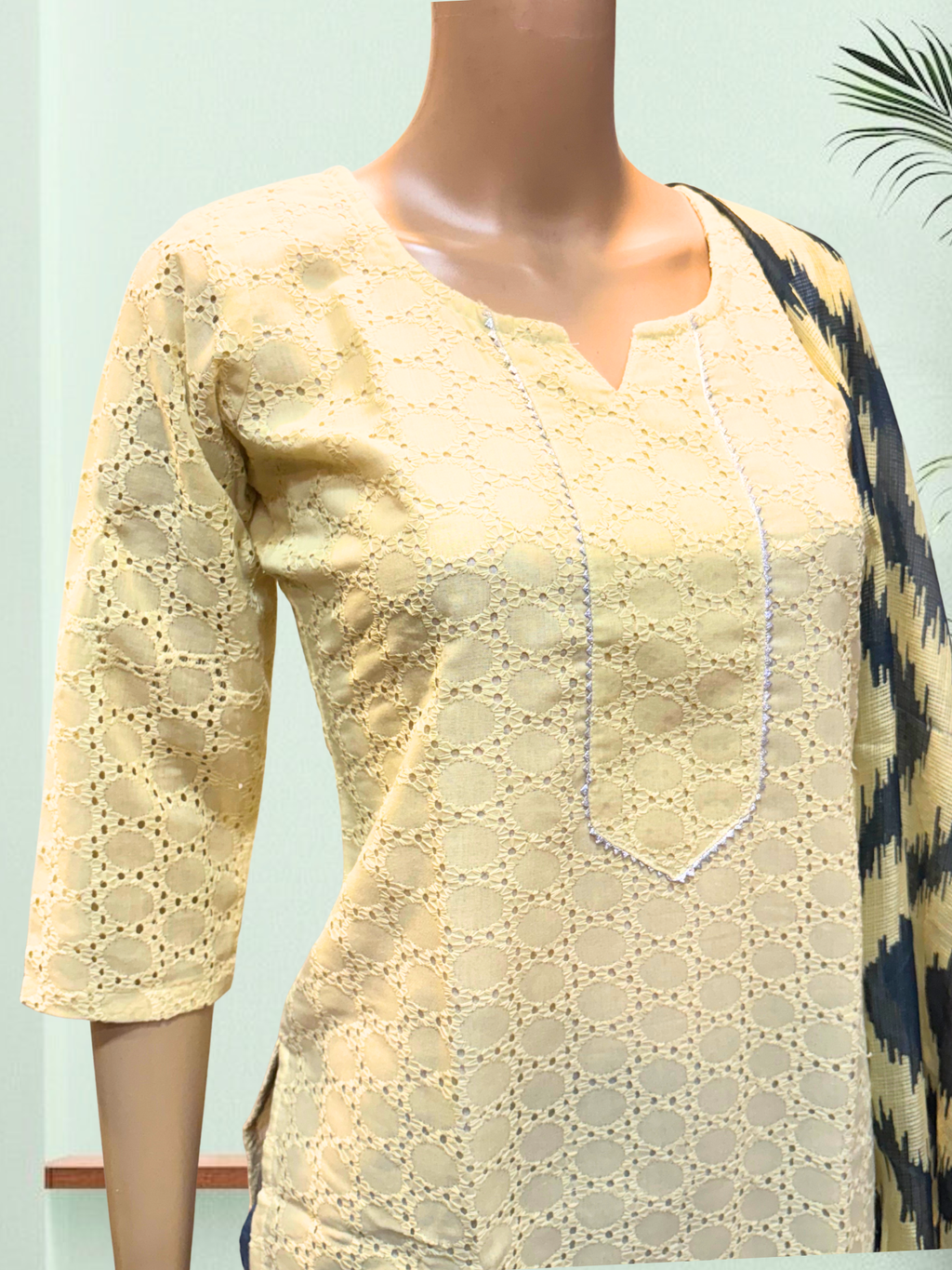 KS0055 Pure cotton hakoba yellow and grey colour Kurti Set (3 PC)