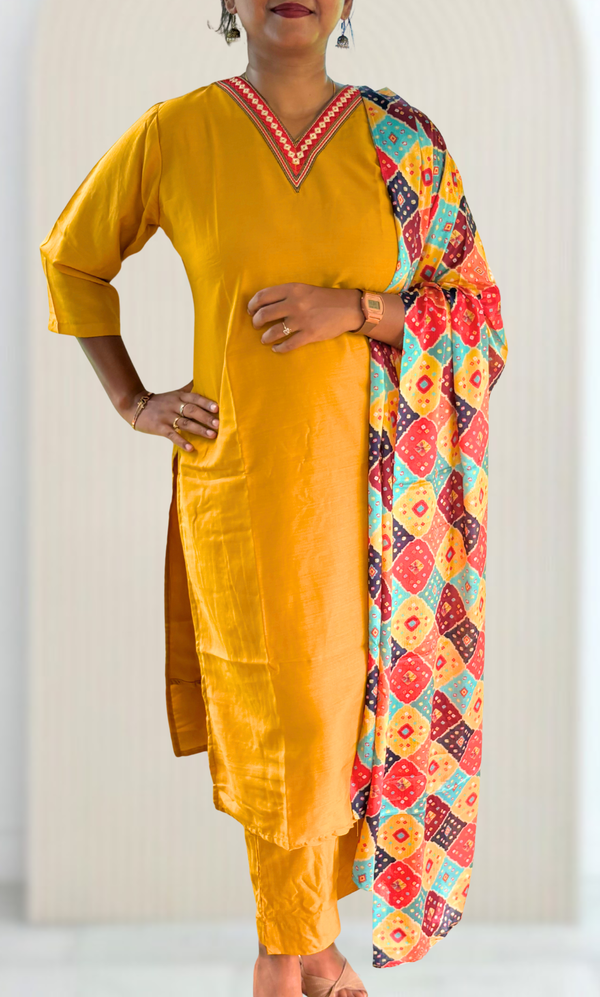 KS046 Premium Viscose Muslin Embroidered Mustard yellow Kurti Set (3pc)