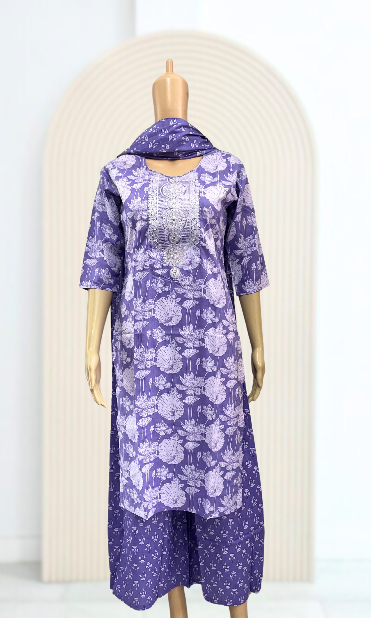 KS026 Embroidered Lavendar Cotton Kurti Set (3pc)