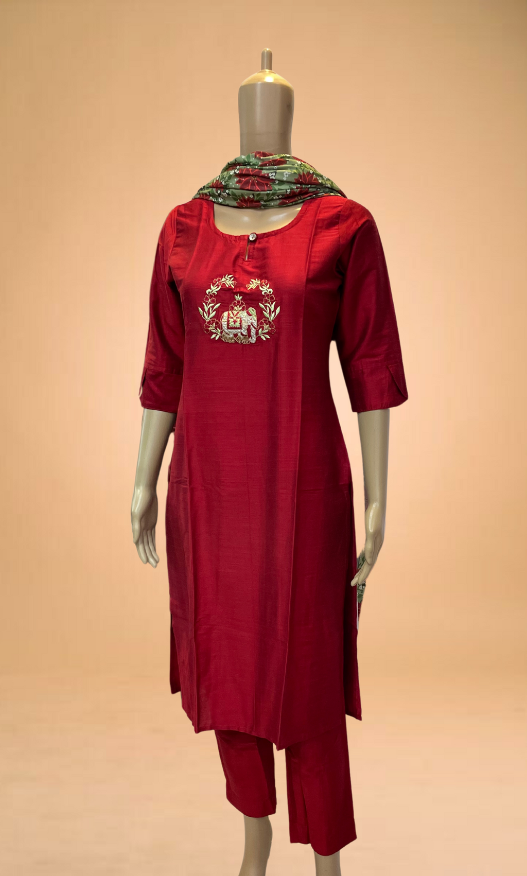 KS038 Embroidered Red Slub Silk Kurti set (3pc)