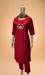 Embroidered Red Slub Silk Kurti set (3pc)
