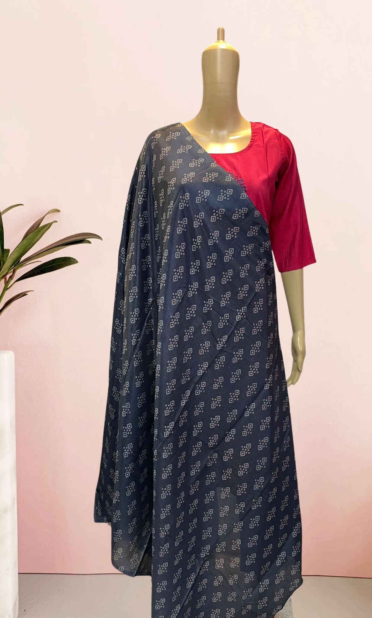 KS001 Embroidered Dark Pink Roman Silk Set (2 Pc)