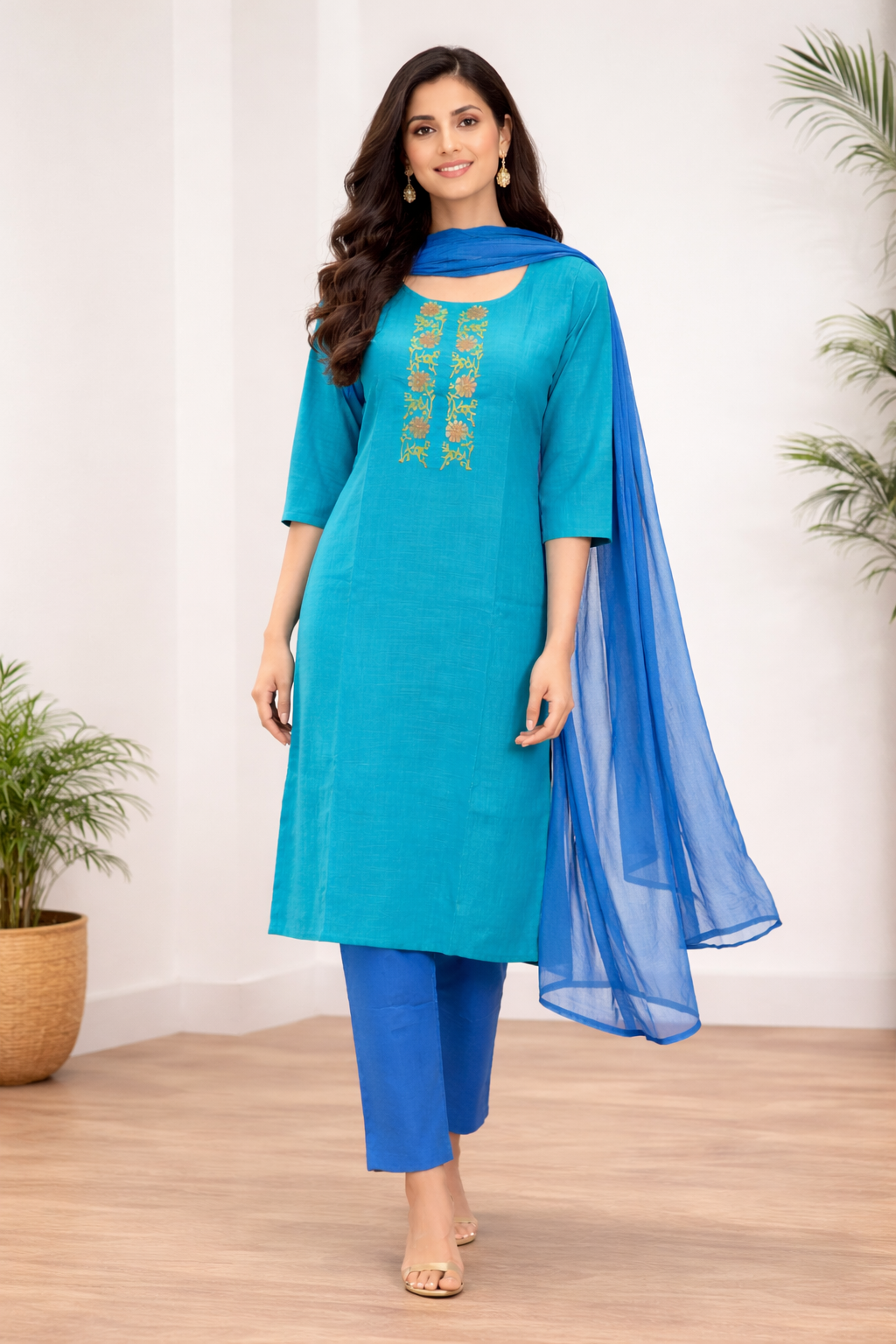 KS0056 Pure slub cotton Blue Kurti Set (3 PC)
