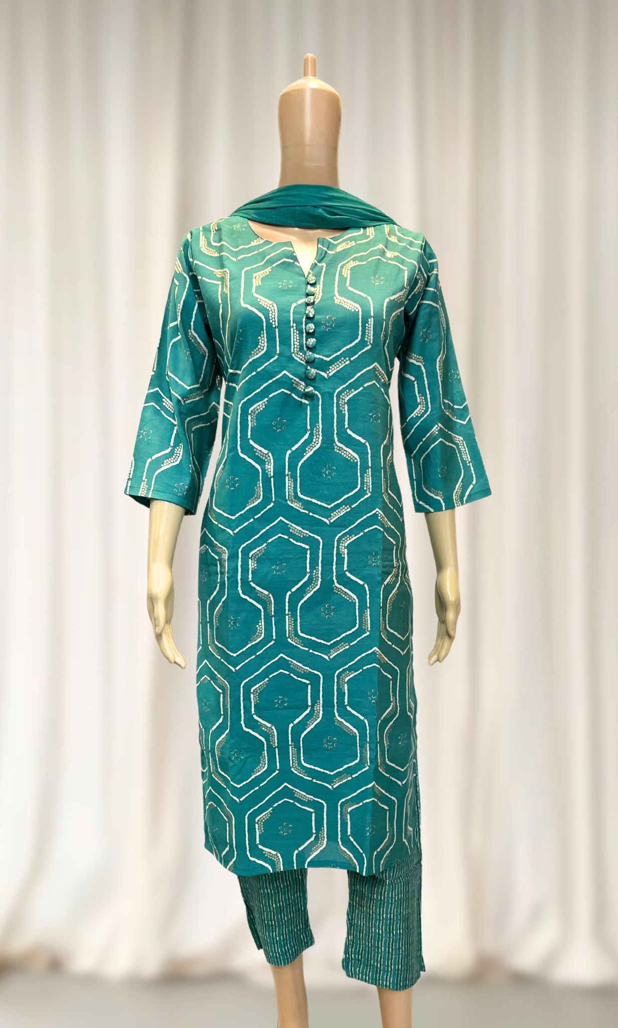 KS019 Classic Turquoise Chanderi Silk Kurti Set (3pc)