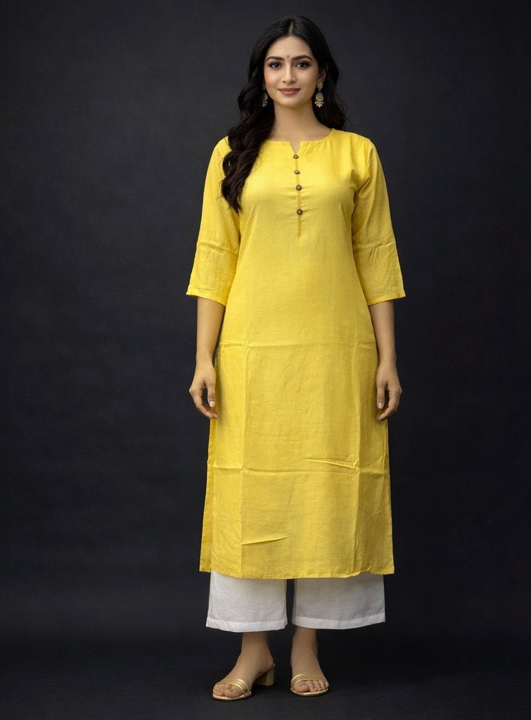 KC0034 Pure Muslin silk yellow kurti with cotton lining