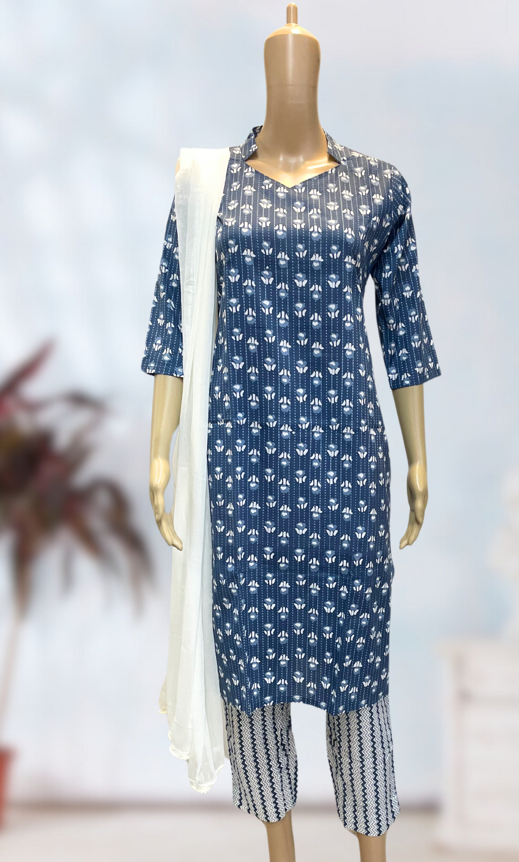 KS015 Greyish Blue Cotton Kurti Set (3pc)