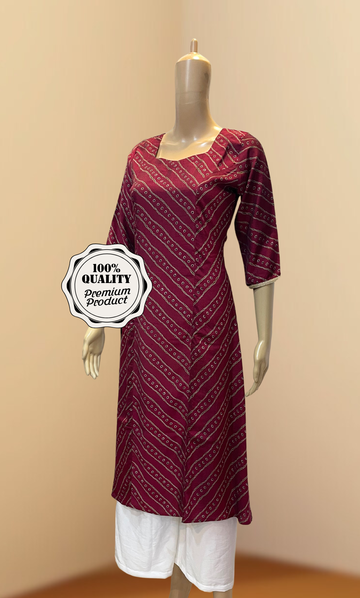 Dark Pink Leheriya Muslin Princess Cut Kurti