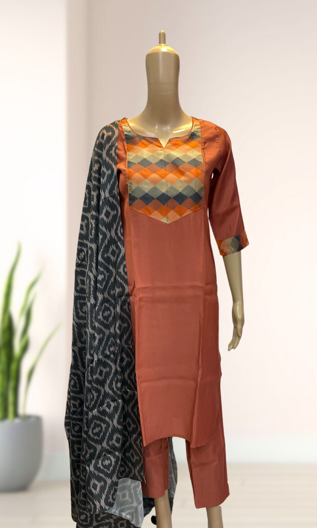 KS033 Dark Peach Roman Silk Kurti Set (3pc)