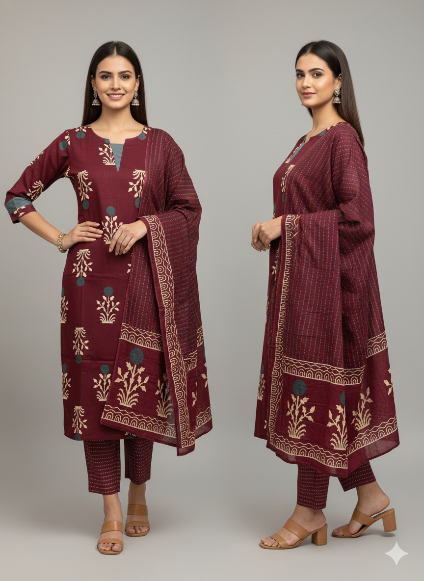 KS0054 Pure cotton wine colour Kurti Set (3 PC)