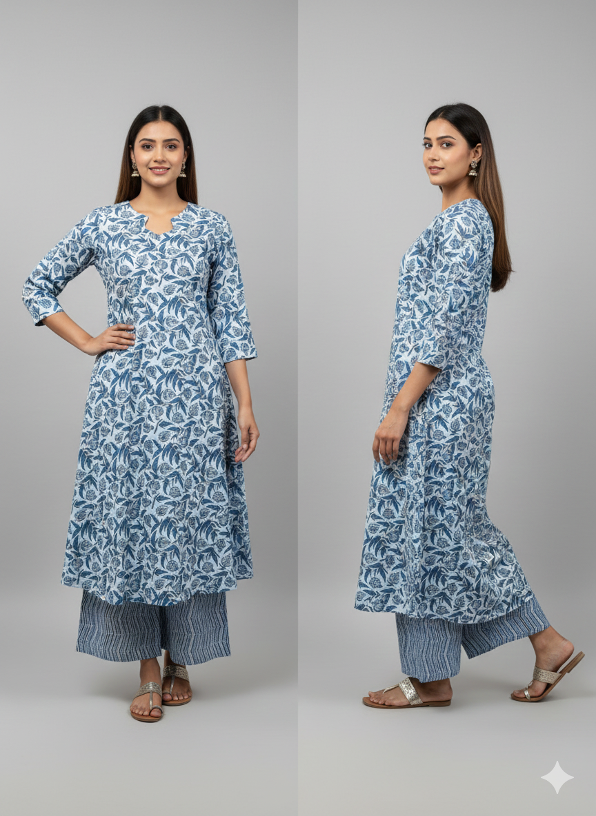 KS0052 Pure cotton Light blue floral Kurti Set (2pc)