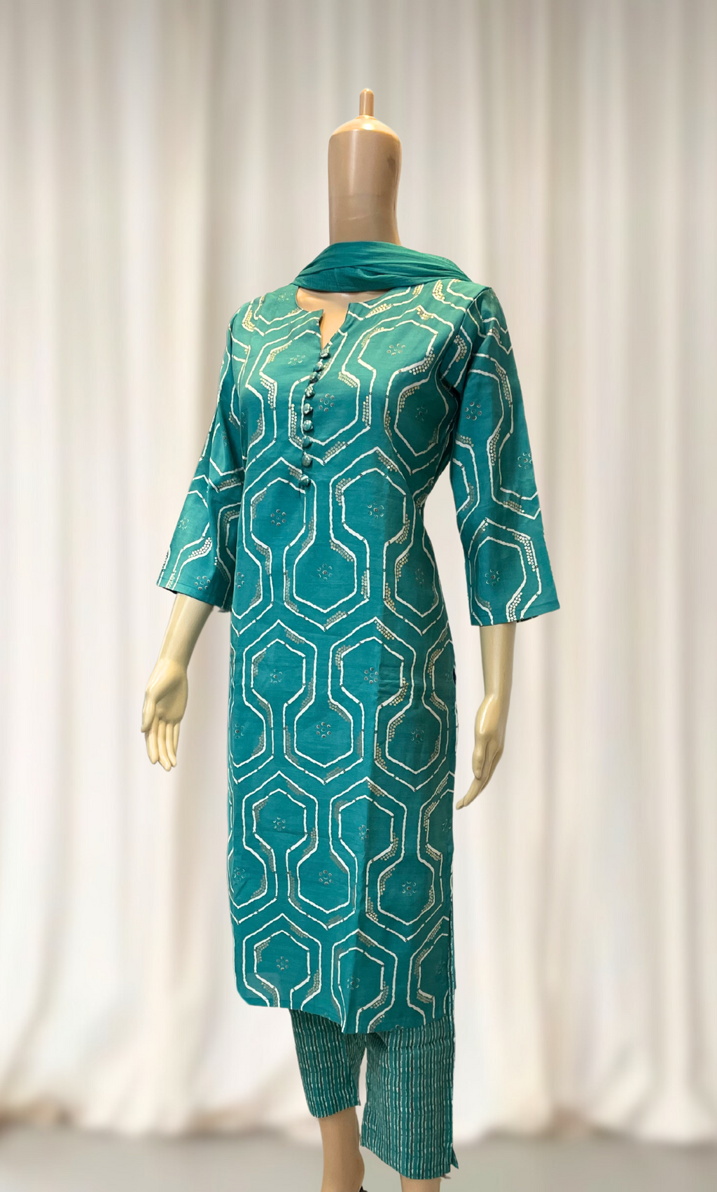 KS019 Classic Turquoise Chanderi Silk Kurti Set (3pc)