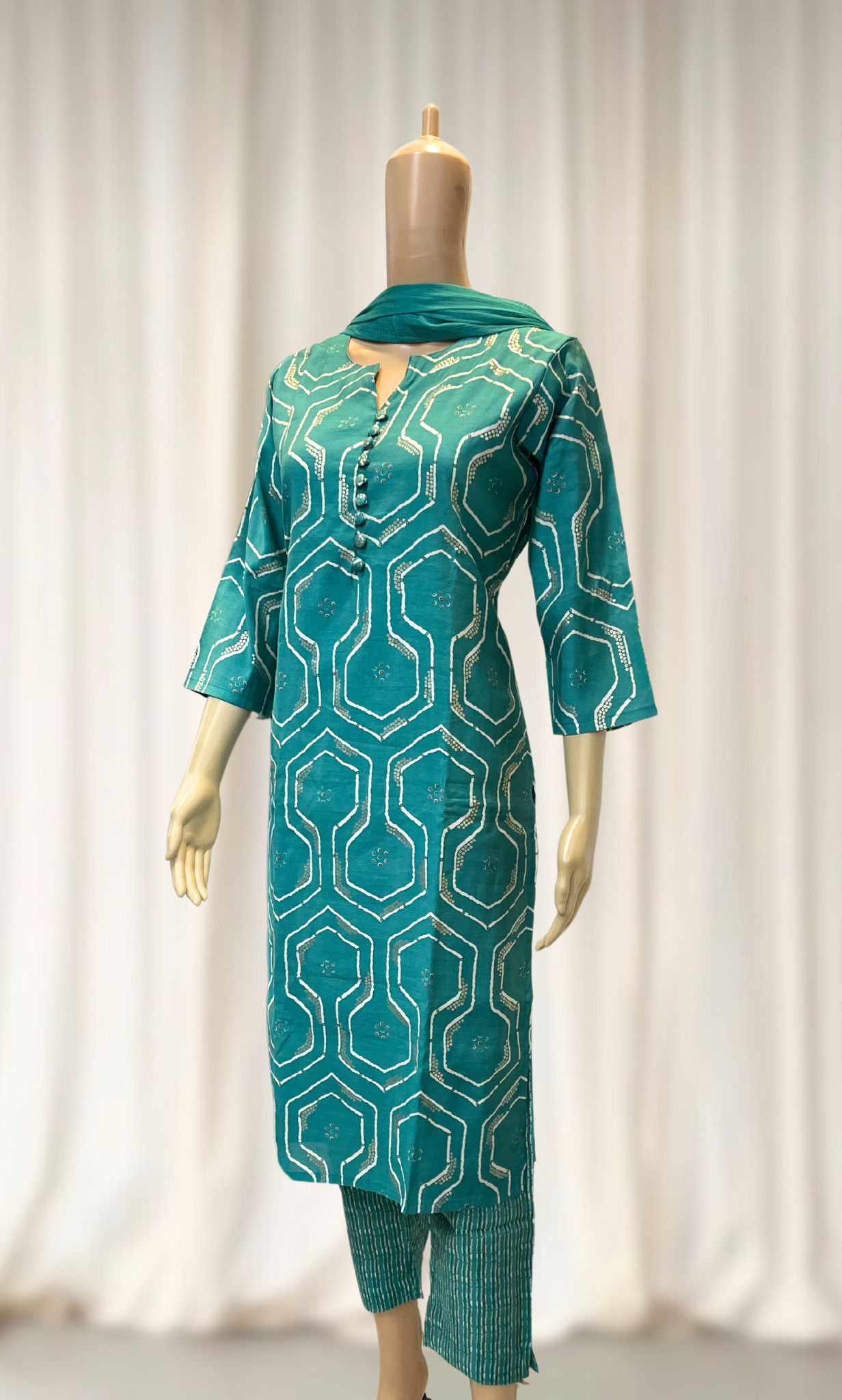 KS019 Classic Turquoise Chanderi Silk Kurti Set (3pc)