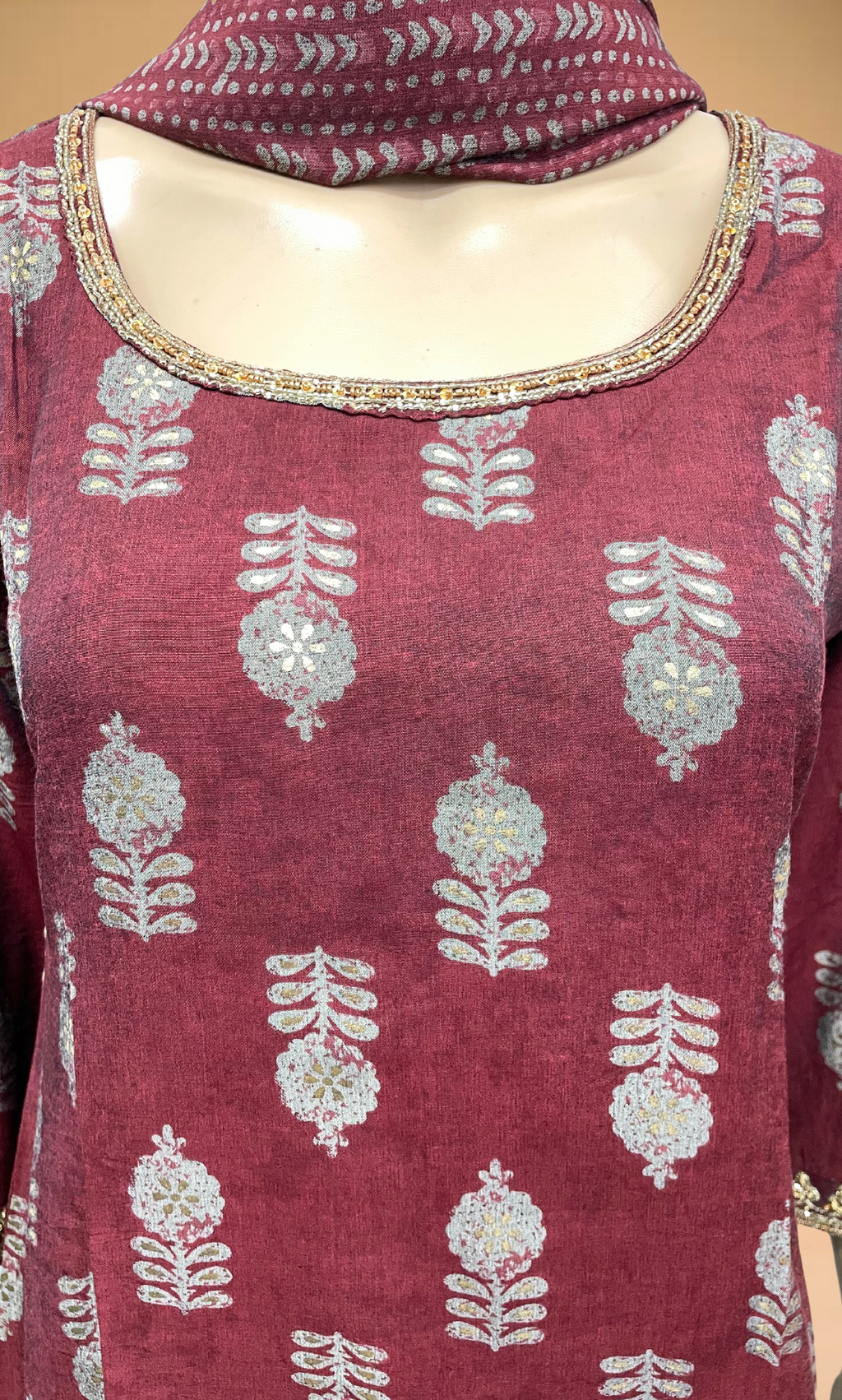 KS025 Embroidered Maroon Muslin Kurti Set (3pc)