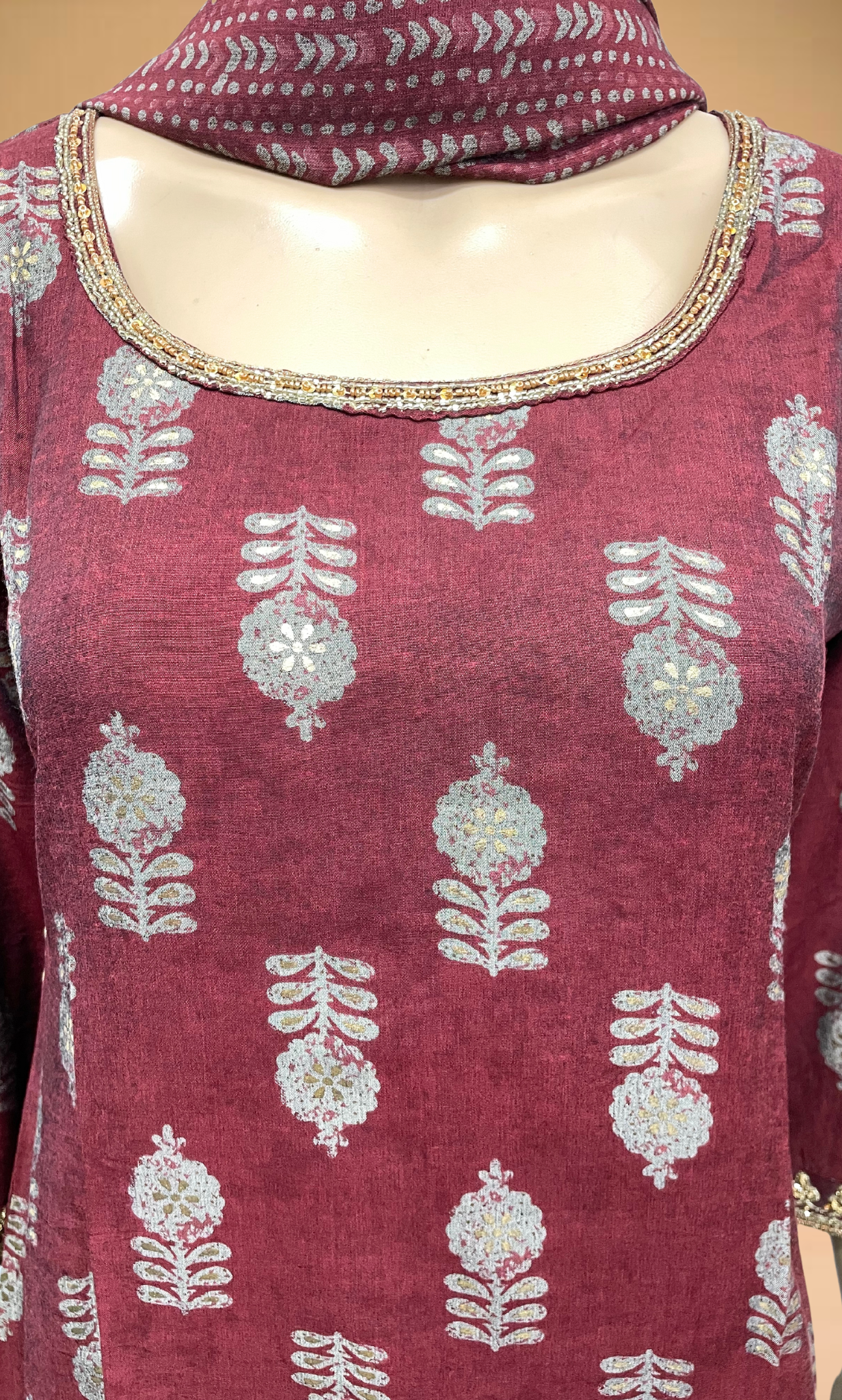 KS025 Embroidered Maroon Muslin Kurti Set (3pc)
