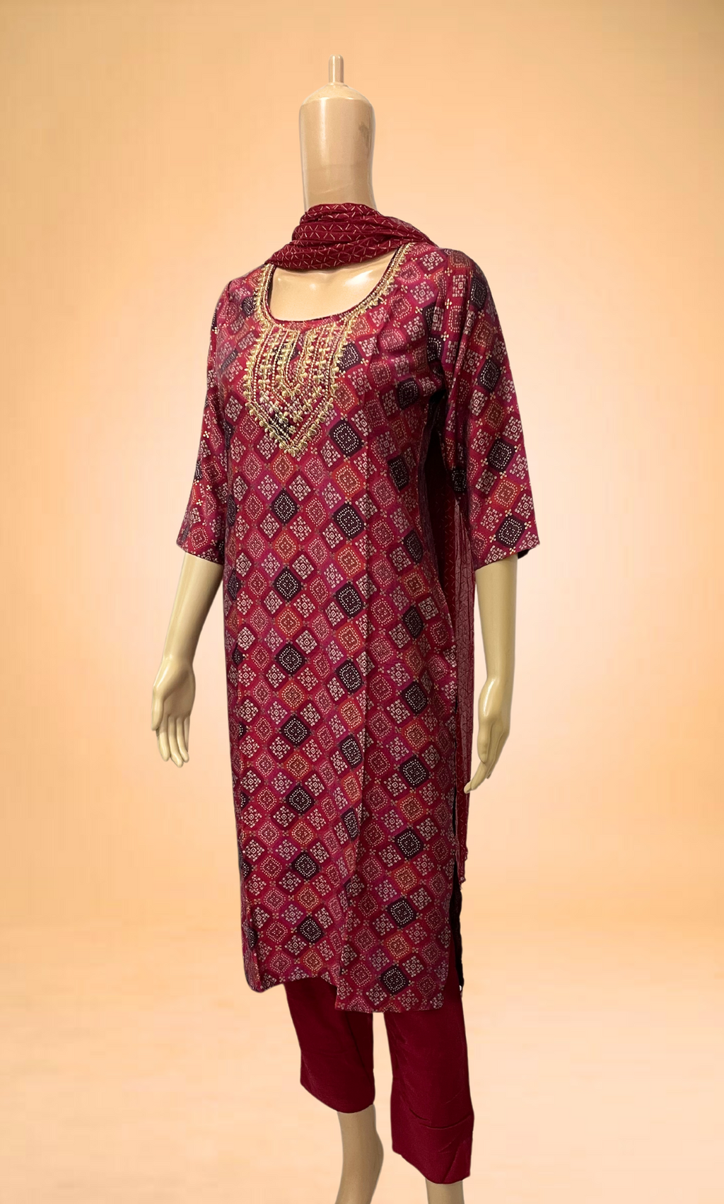 KS023 Embroidered Dark Pink Muslin Kurti Set (3pc)