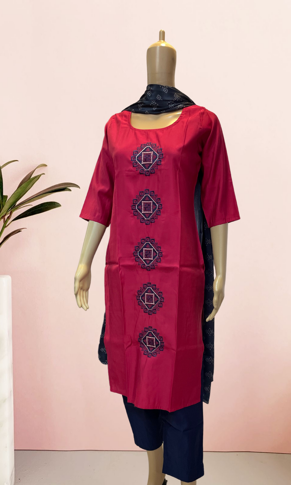 KS001 Embroidered Dark Pink Roman Silk Set (2 Pc)