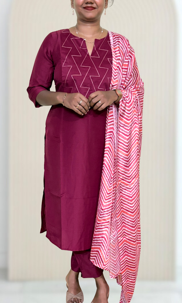 KS047 Premium Viscose Muslin Embroidered Dark wine Kurti Set (3pc)