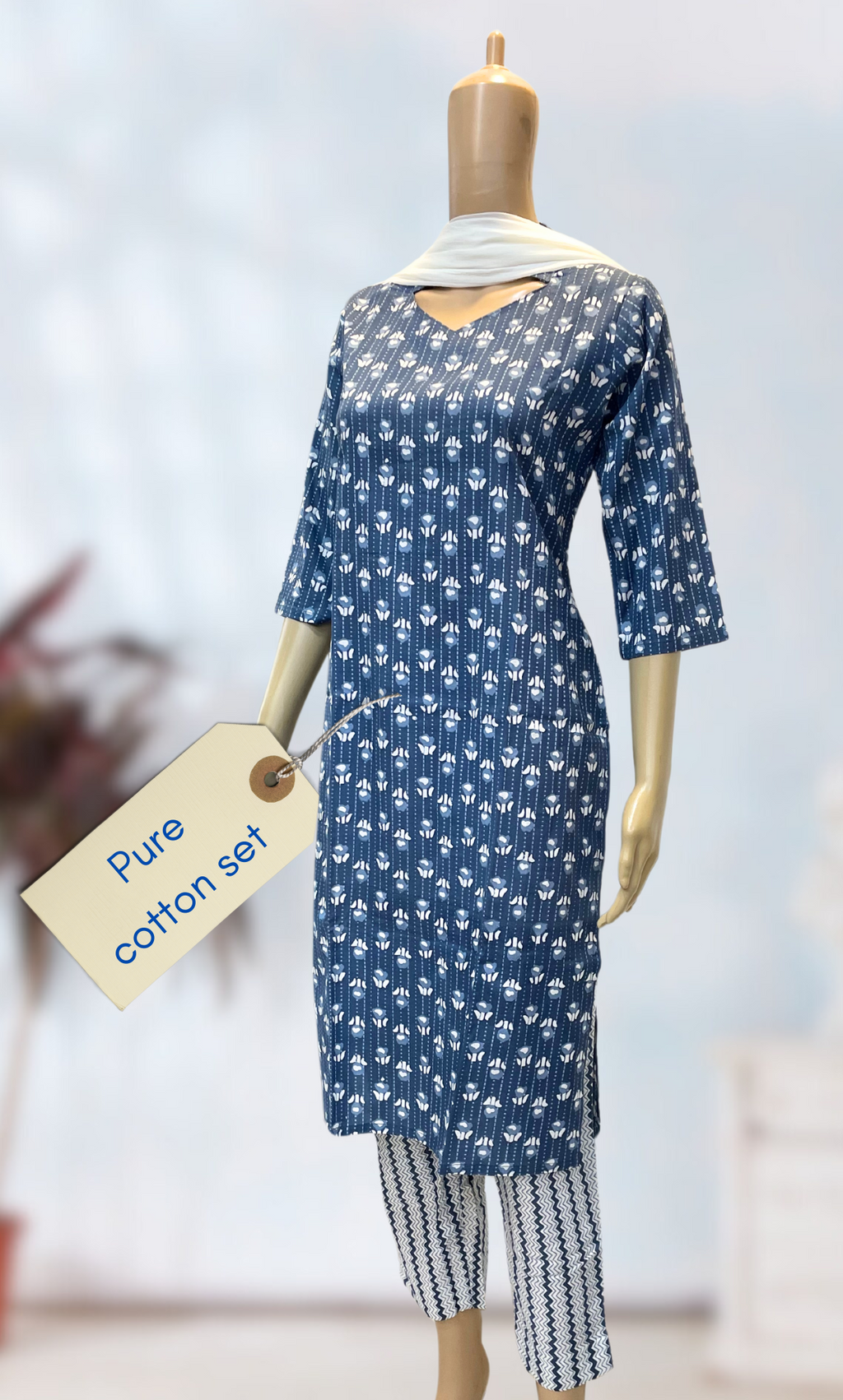 KS015 Greyish Blue Cotton Kurti Set (3pc)