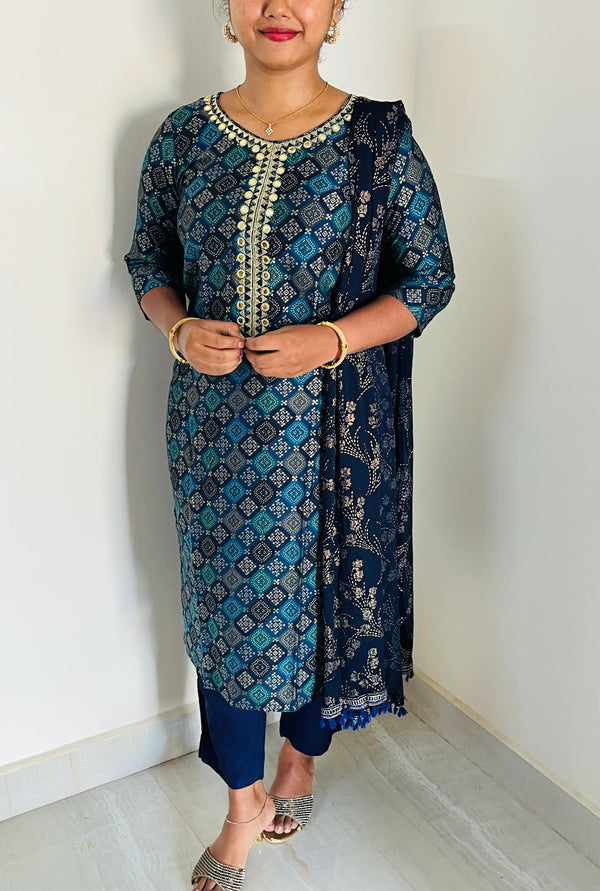 KS009 Embroidered Dark Blue Muslin Kurti Set (3pc)