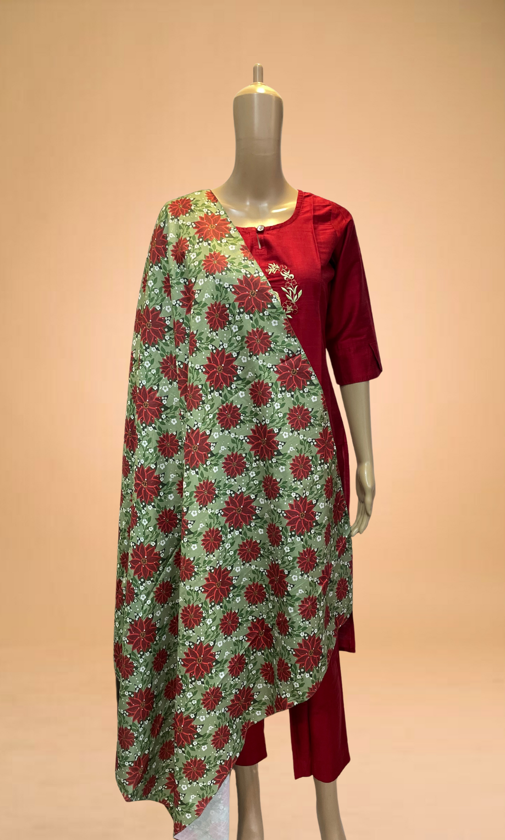 KS038 Embroidered Red Slub Silk Kurti set (3pc)