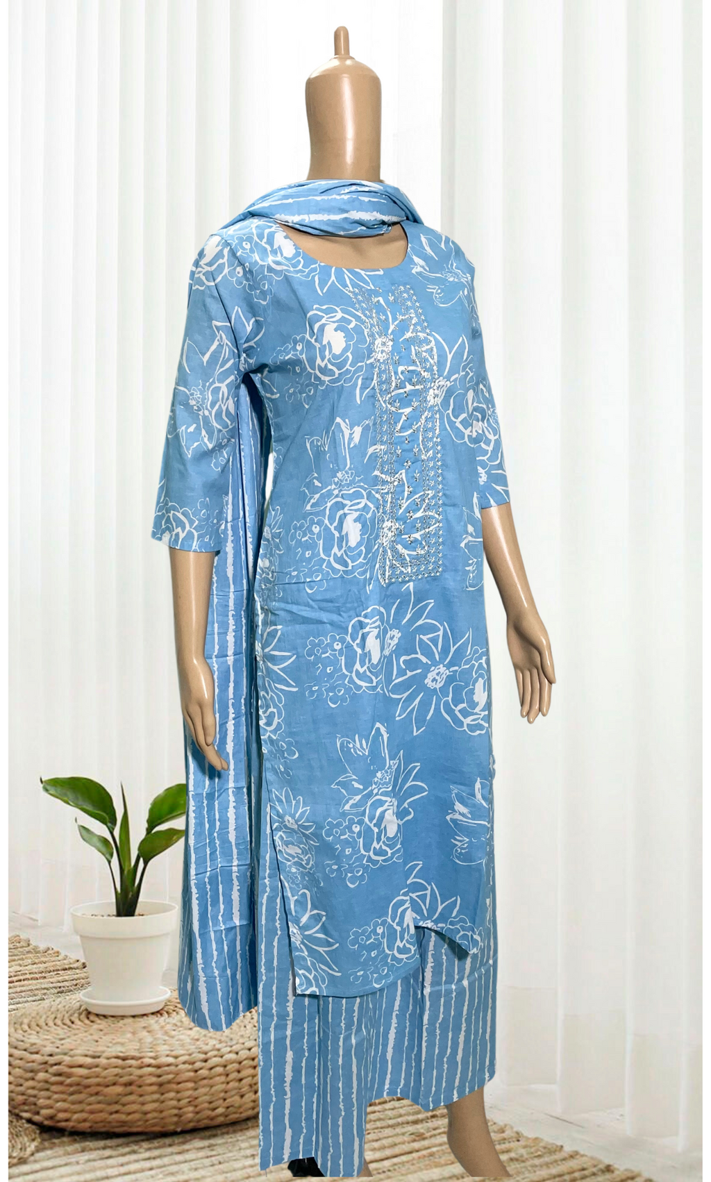 KS005 Ice Blue Embroidered cotton Kurti Set (3 PC)