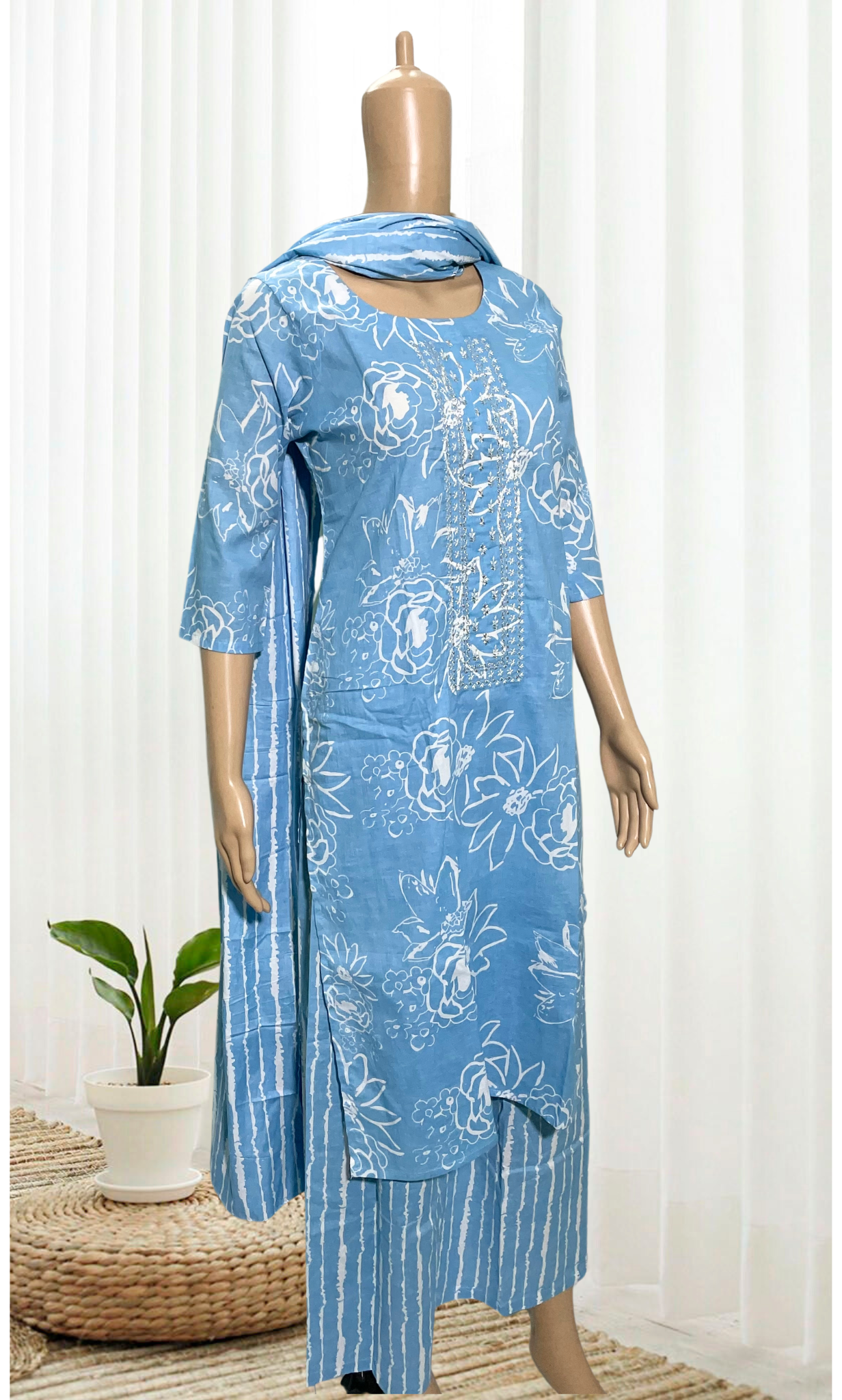 KS005 Ice Blue Embroidered cotton Kurti Set (3 PC)