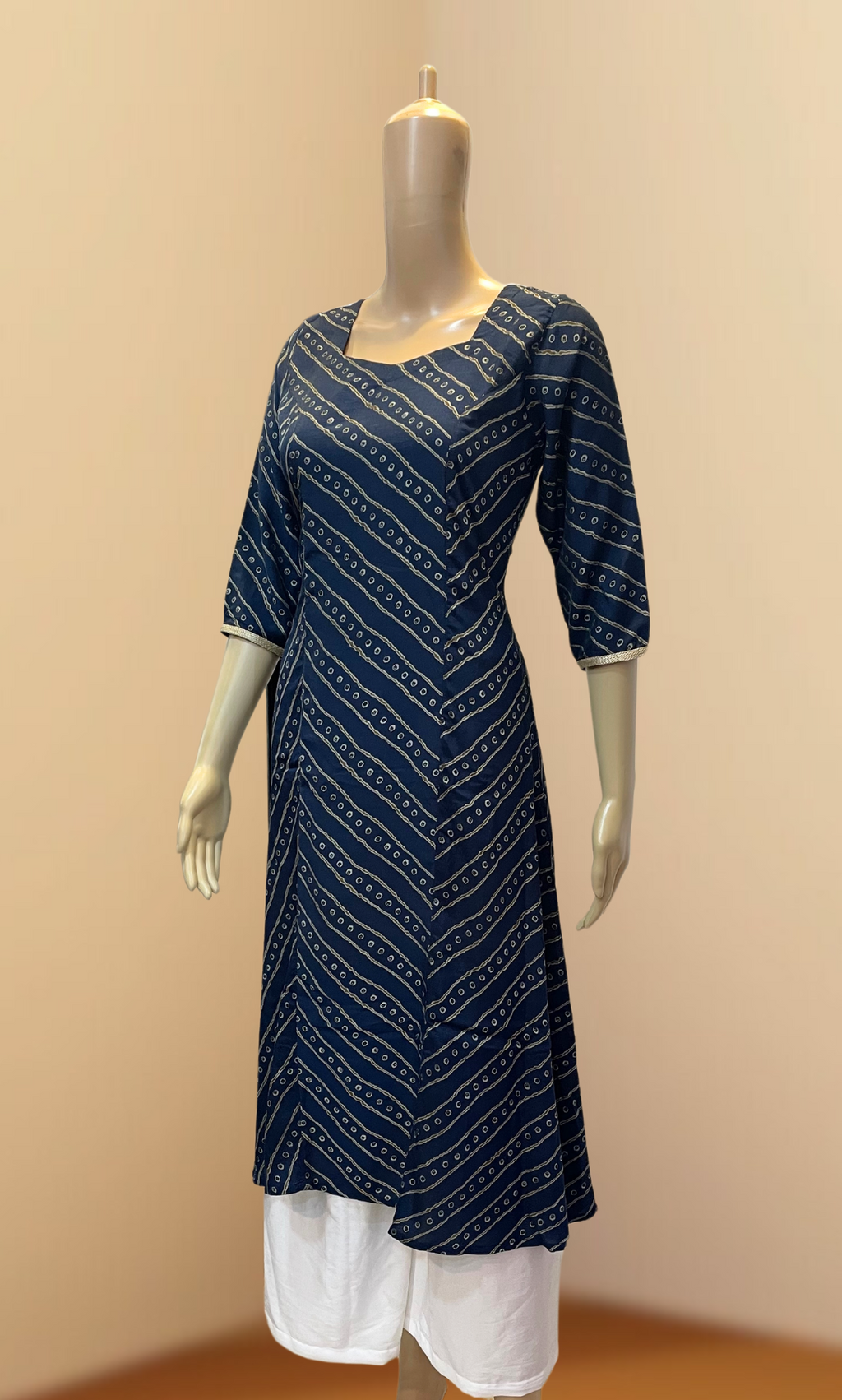 Dark blue Leheriya Muslin Princess Cut Kurti