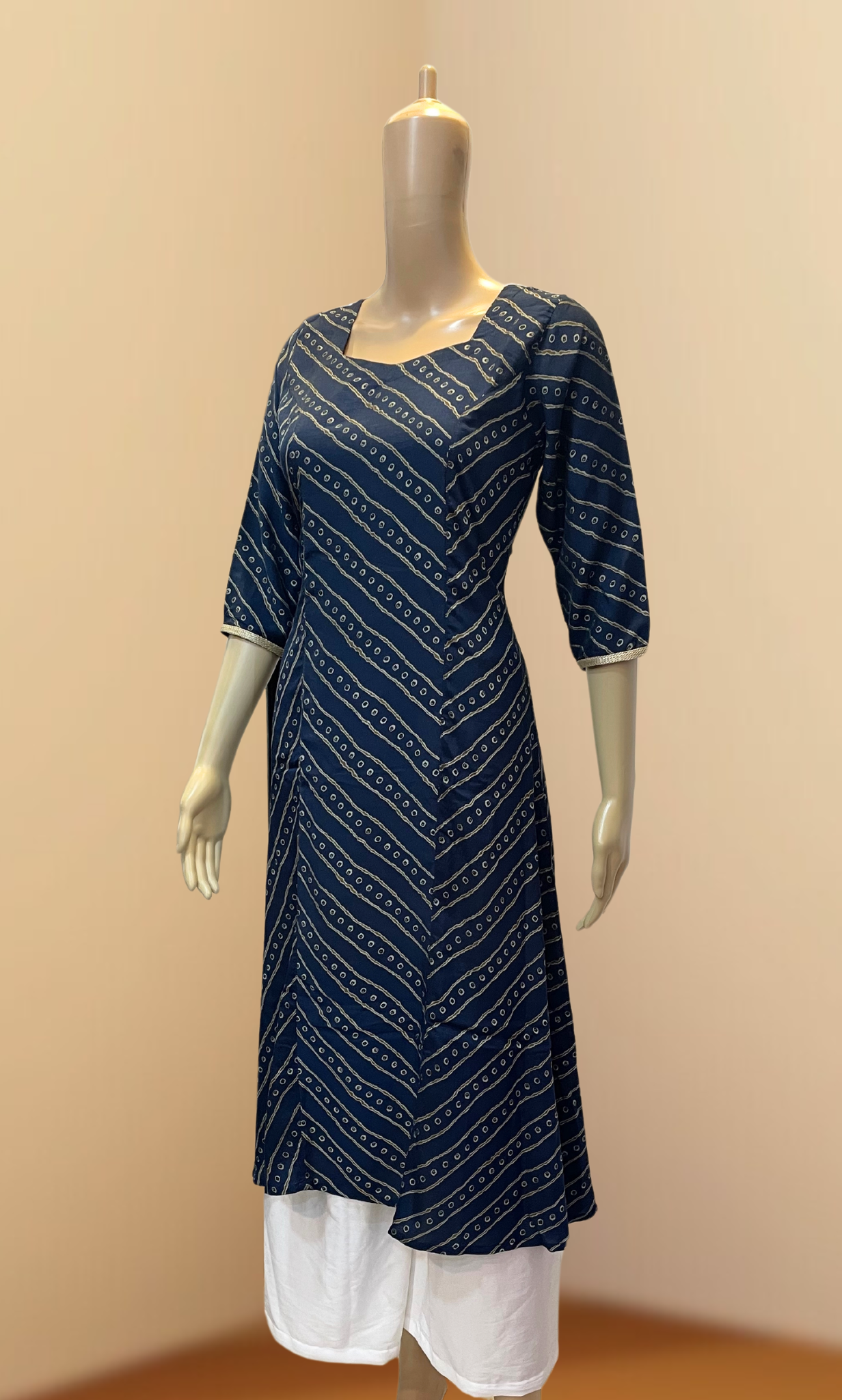 Dark blue Leheriya Muslin Princess Cut Kurti
