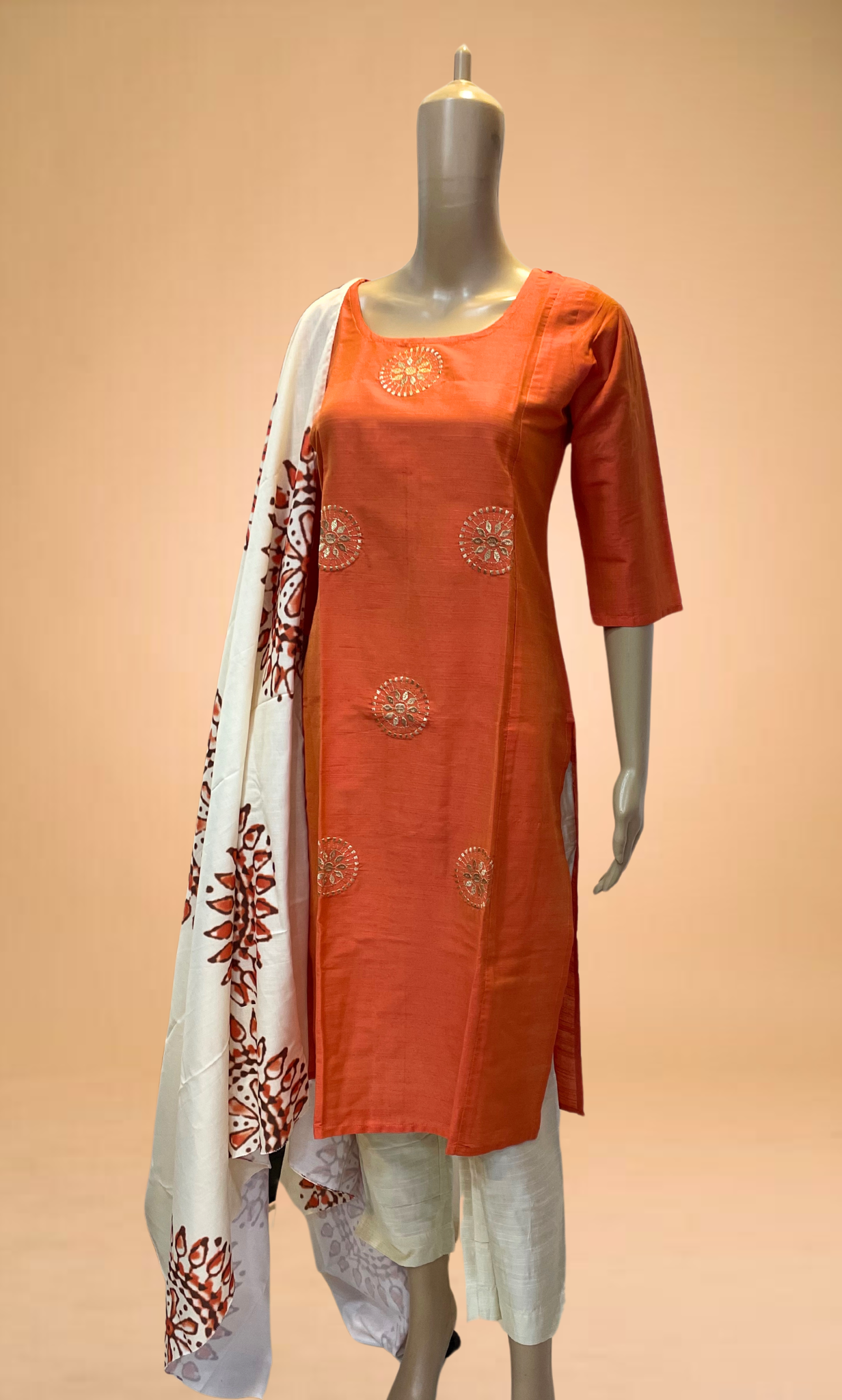 KS035 Embroidered Orange Slub Silk Kurti Set (3pc)