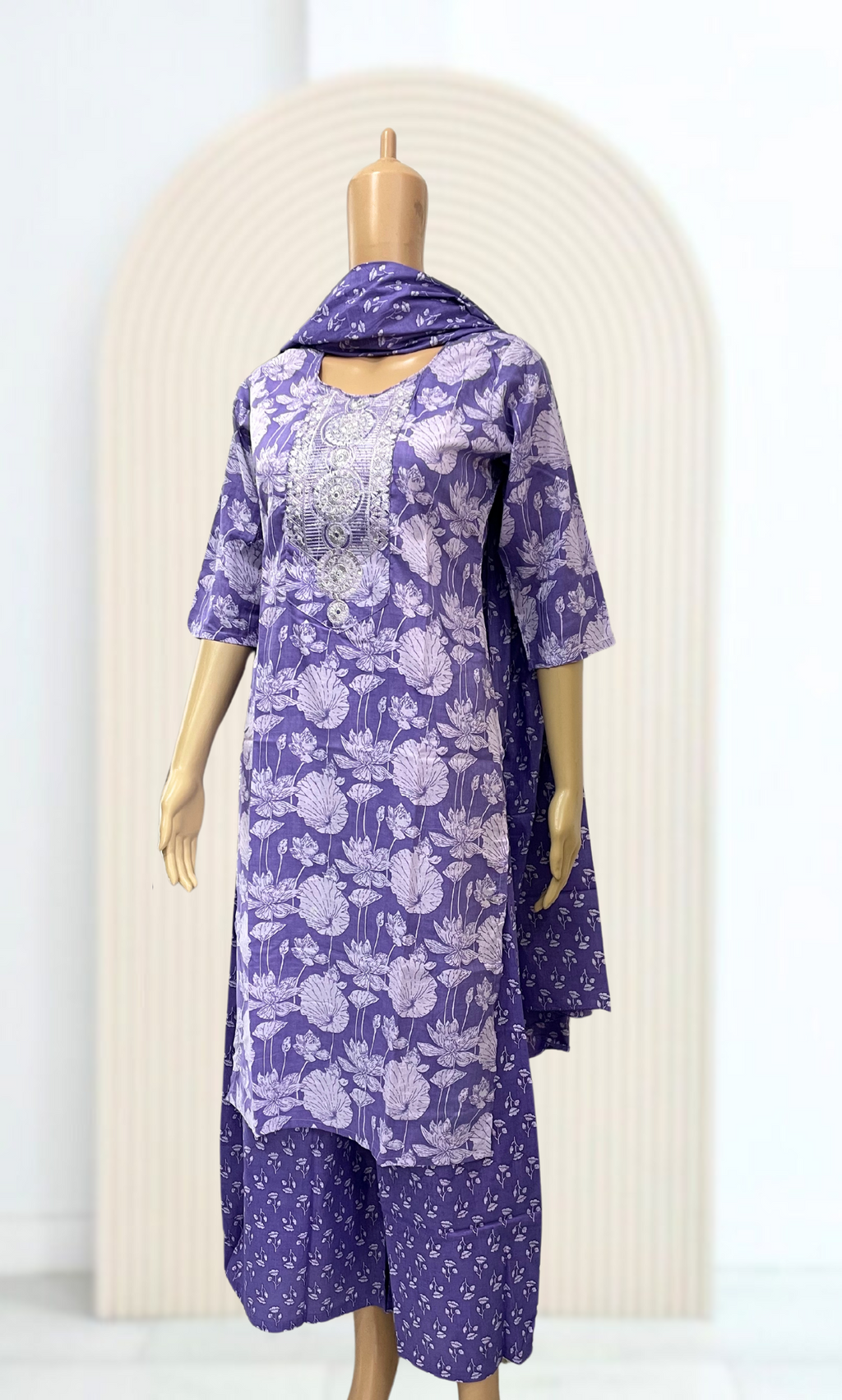 KS026 Embroidered Lavendar Cotton Kurti Set (3pc)
