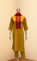 KS021 Mustard and Red Slub Cotton Kurti Set (3pc)