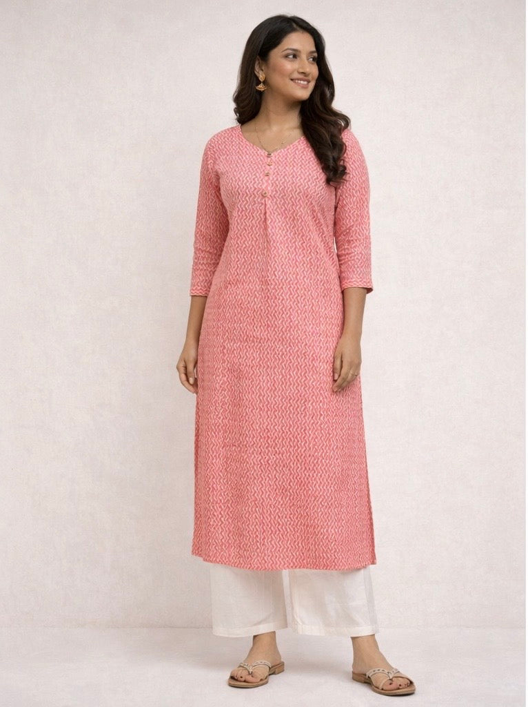 KC008 Pure Cotton Kantha Work Peach Color kurti